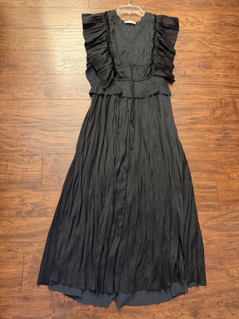 Ulla Johnson 4 Letty Ruffle Detail Pleated Satin Dress Black